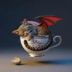 Dragon Kitten in Teacup Fantasy Art