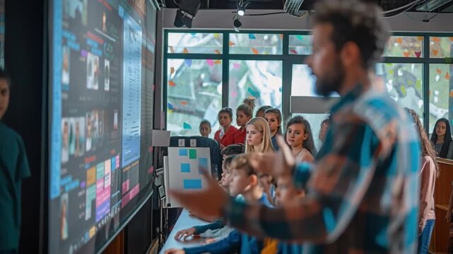 A passionate educator utilizes an interactive screen to captivate students in a modern classroom, fostering engagement and enhancing the learning experience through innovative technology
