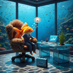 Goldfish Executive in Underwater Office