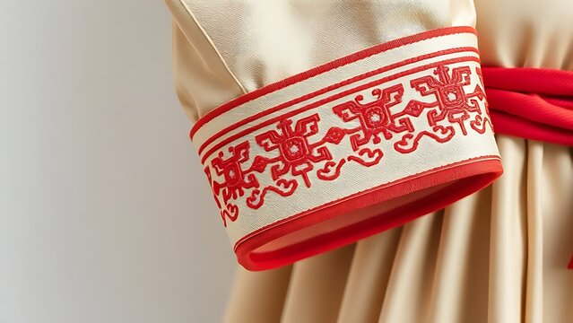tenet. Detailed dancheong patterns embroidered on the cuff of a traditional hanbok sleeve. event programs, museum guides, designed for cultural heritage projects and event programs.