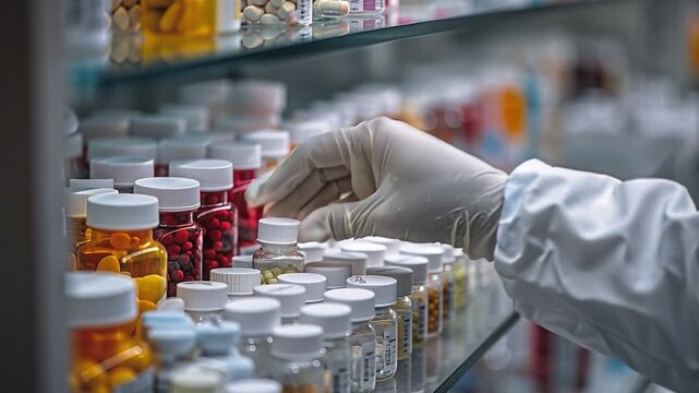 A pharmacist, clad in gloves, methodically chooses a container of capsules from a well-organized shelf, surrounded by vibrant medication bottles, upholding a professional health environment