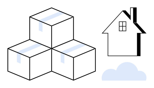 Logistics, packaging, delivery services, e-commerce, home storage solutions, shipping. Three stacked boxes, a house and a cloud. Logistics and packaging concepts highlighted with visual elements