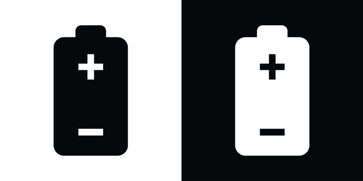 Solid battery silhouette icon featuring plus and minus polarity symbols. Bold black and white graphic representing electrical energy, portable power, and battery status for digital apps.
