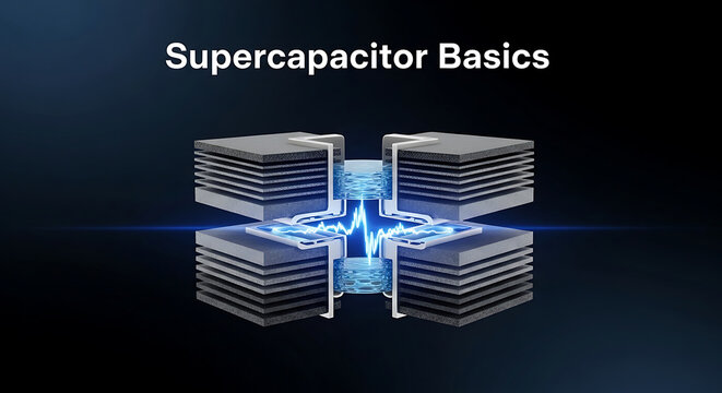 Supercapacitor basics illustration showing layered structure and energy storage concept in a modern graphic