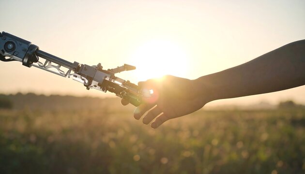 Technological Symbiosis: A human hand gently interacts with a robotic arm, set against a vibrant outdoor backdrop, signifying unity and the future of interaction. 