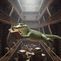 Crocodile reading in a library