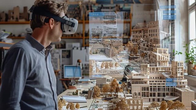 A professional architect, donning a cutting-edge virtual reality headset, examines detailed 3D building models in a design studio filled with various architectural tools and materials