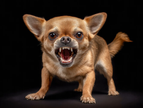 Small chihuahua. Pet displays aggressive defense in studio. Little guardian reveals threatening attitude through snarling face and flared nostrils in studio setting