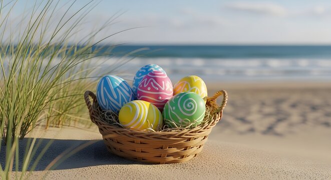 Easter sunday celebration with colorful eggs on a serene beach