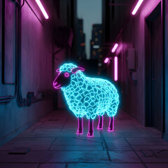 Neon Sheep in Dark Alleyway