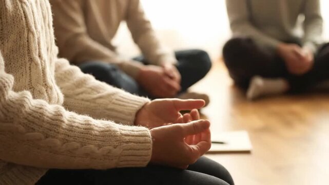 Close-up of hands gesturing during a group therapy session in a supportive circle