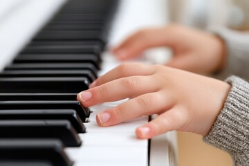 Fototapeta premium A young child's hands playing the piano keys, close-up shot focused on fingers, showcasing music learning and skill development for beginners and musical education.