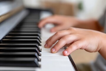 Fototapeta premium Close up of a child's hands playing a grand piano, learning music with focus, developing musical skills and artistry, capturing the innocence of childhood with music.