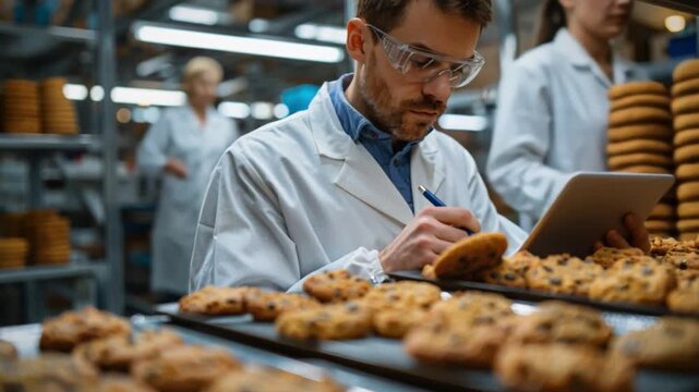 A quality control baker in a lab coat and protective eyewear examines a digital tablet, inspecting freshly manufactured cookies in a busy industrial facility