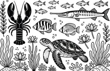 Underwater marine life illustration with sea turtle lobster fish coral reef ocean plants black and white line art design