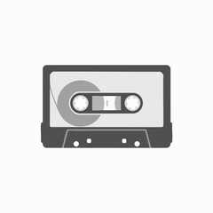 Gray cassette tape illustration for audio listening; retro musical format analog sound storage vintage design element media concept