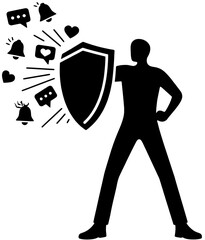 Person Holding Shield Blocking Digital Notifications and Social Media Alerts, Digital Detox Boundary Protection Concept, Black Vector Silhouette

