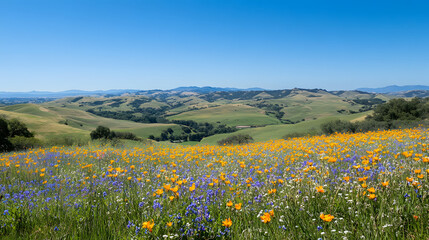 Fototapeta premium Vibrant Wildflower Field with Rolling Green Hills and Distant Cityscape under Blue Sky