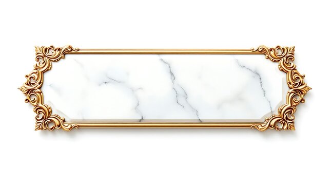 Blank antique marble name plaque with intricate metal gold filigree scrollwork frame, isolated on white background