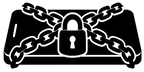 Smartphone Wrapped In Chains With Padlock, Enforced Digital Detox Phone Lockdown Concept, Screen Free Discipline Black Vector Silhouette
