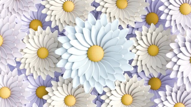 3D loop: The central blue daisy spins rapidly on its axis while surrounding white and lavender flowers orbit it clockwise in smooth, choreographed concentric rings.