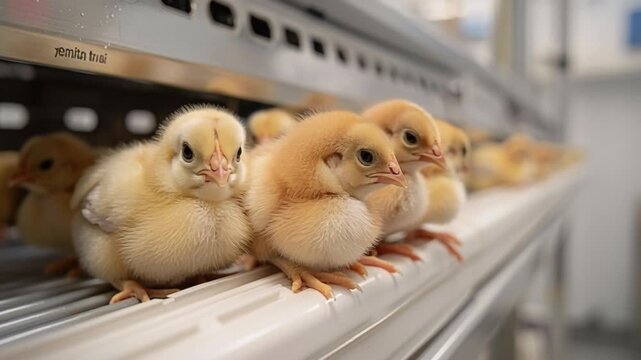A row of fluffy yellow chicks rests side by side in a poultry facility, showcasing their soft feathers and curious expressions within a well-structured environment
