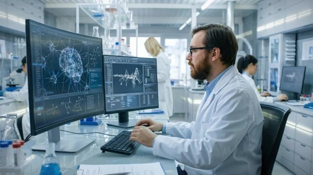 A scientist conducts cutting-edge experiments in a modern microbiology lab, intensely analyzing data on a computer screen to drive innovation in biotechnology research
