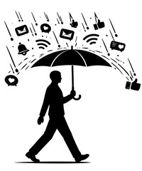 Person Walking Under Umbrella Shielding From Digital Notification Rain, Mindful Technology Protection Concept, Black Vector Silhouette
