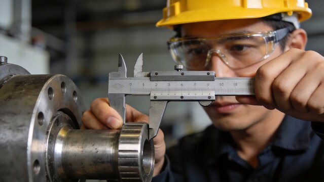 Engineer measuring metal part with caliper