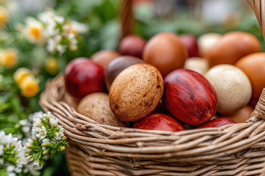 A close-up shot of a basket overflowing with naturally dyed Easter eggs, nestled among fresh flowers, showcasing vibrant colors and intricate patterns in a rustic setting.