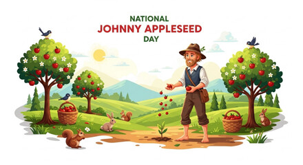 Fototapeta premium National Johnny Appleseed Day Vector Illustration with Apple Trees, Planting, Wildlife, and Historical Scene