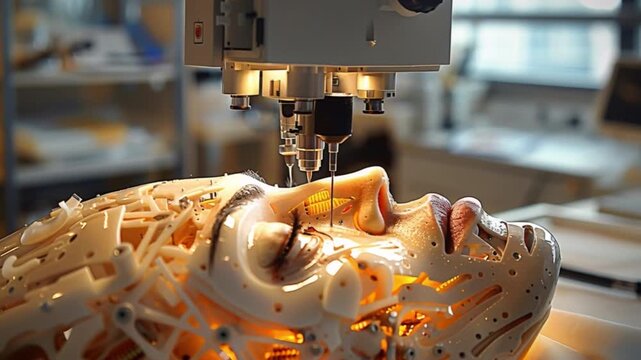 A scientist or engineer meticulously assembles a robotic face with intricate wiring and glowing components within a cutting-edge modern laboratory, harnessing technology to craft an advanced robot