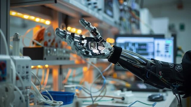 A scientist or engineer operates a highly dexterous robotic hand, handling intricate electronic components and precision instruments in a state-of-the-art research laboratory
