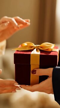 a suit hand presents a red gift box with a golden ribbon in a softly lit room