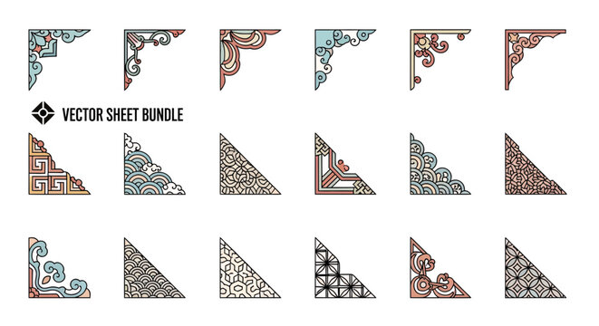Oriental traditional asian corner border ornaments with geometric floral patterns on white background, concept for invitation design, cultural certificates and luxury vintage packaging
