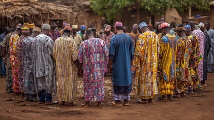 Naklejka premium A group of people dressed in colorful traditional attire, gathered for an African religious ritual or prayer ceremony.