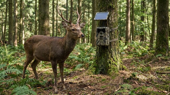 A majestic deer stands beside a camera trap in a dense forest, viewed from a slight angle.