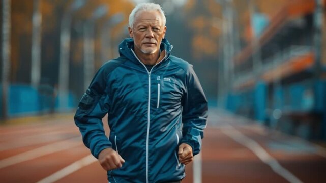 A senior citizen maintains a steady jogging pace on an outdoor track within a serene athletic complex surrounded by vibrant autumn foliage, embodying tranquility and seasonal beauty