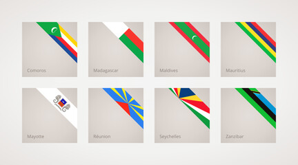Corner slanted ribbon flags of Comoros, Madagascar, Maldives, Mauritius, Mayotte, Reunion, Seychelles and Zanzibar