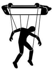 Human Marionette Puppet Controlled By Smartphone, Algorithmic Manipulation Digital Puppetry Concept, Loss Of Autonomy Black Vector Silhouette

