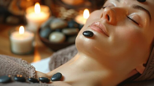 A serene woman enjoys a rejuvenating spa treatment, with warm hot stones soothingly placed on her forehead and chin, surrounded by calming candlelight that creates a tranquil atmosphere