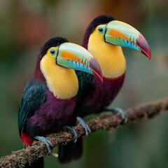 Fototapeta premium Two vibrant toucans perched on a branch, showcasing colorful beaks and plumage.