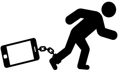 Person Shackled To Smartphone Ball And Chain, Tech Addiction Burden Device Dependency Concept, Dragging Weight Black Vector Silhouette

