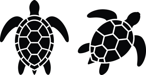 A pair of black silhouetted turtles facing different directions on a white background. © Raton