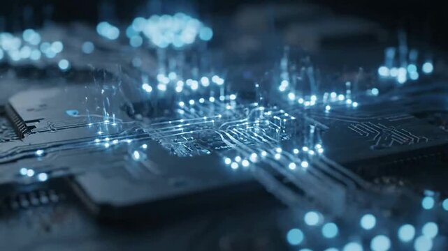 Close up of circuit board showing lights and components in dark setting or Macro shot of electronic board showing connections in darkness