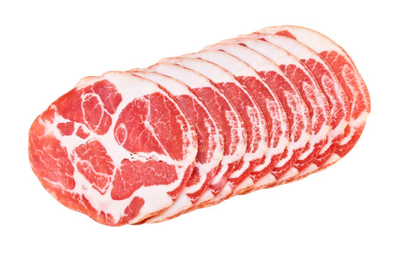 Fresh sliced smoked coppa on white