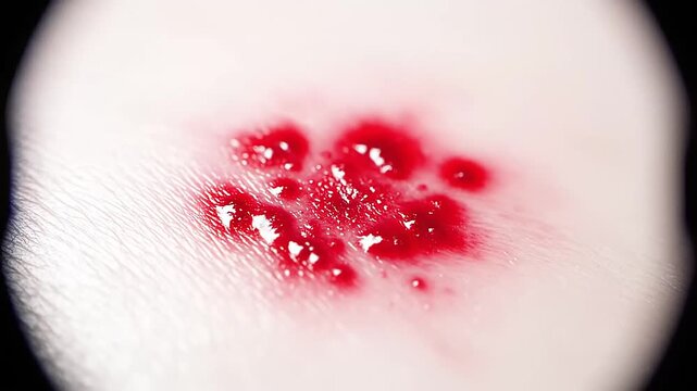 Close-up macro view of crimson blood spots on human skin surface indicating localized epidermal reaction
