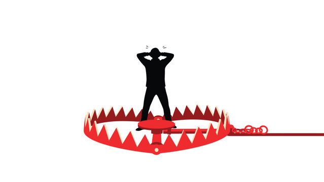 Silhouette of a stressed person trapped inside a large red metal bear trap representing financial danger and risk.