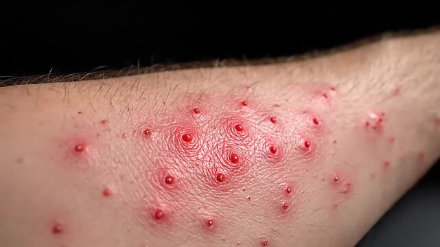 Close-up view of an inflamed skin rash characterized by discrete erythematous papules on human skin.