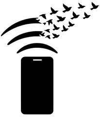 Smartphone Wi-Fi Signal Transforming Into Birds Flying, Digital Freedom Wireless Detox Concept, Black Vector Silhouette
